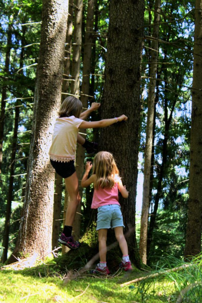 zwei Mädchen an einem Baum